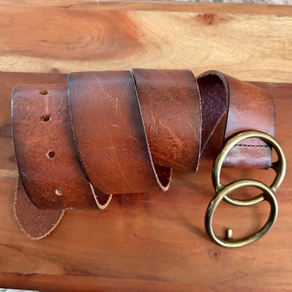 Genuine Leather Double Ring Belt Solid Brass Buckle Cognac Brown Made in USA M - Picture 2 of 8